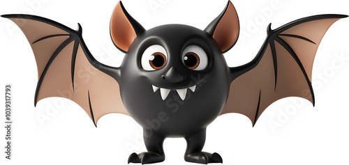 A cartoon bat with a toothy grin and large eyes stands with its wings outspread