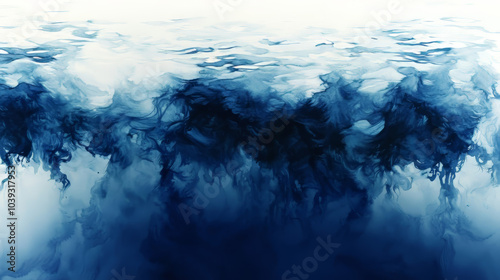 Deep abstract blue ink flows merging into soft gradients, creating a serene underwater effect, perfect for modern artistic backgrounds.