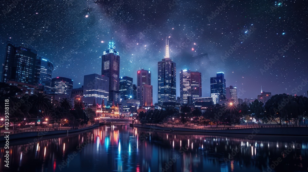 Night Cityscape with Illuminated Skyscrapers Night Cityscape with Illuminated Skyscrapers