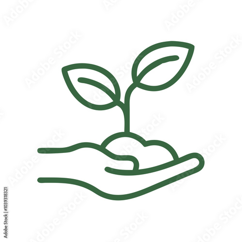 Hand holding a seedling icon representing nurturing nature and sustainability concept