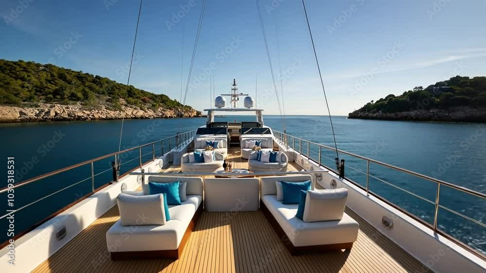 A yacht in blue waters, with sunbathing and champagne. The scene should include teak decks and plush lounges.