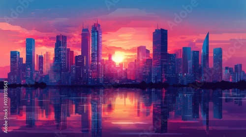 Stylized vector illustration of the skyline of a futuristic metropolis at dusk. With skyscrapers reflecting the sunset and the bustling life of the city below