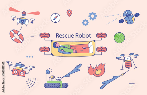 A variety of robotic mechanical devices that can rescue people. Illustration with outline.