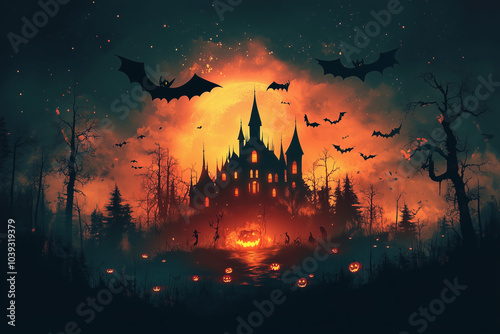 A colorful Halloween night scene with a glowing haunted house, bats flying through the air, and kids trick-or-treating.