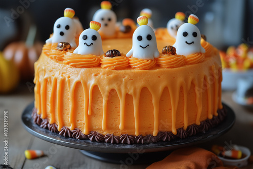 A spooky Halloween cake decorated with bright orange frosting, cute ghosts, and candy corn on top.