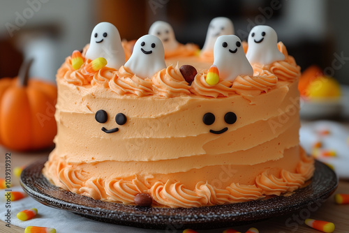 A spooky Halloween cake decorated with bright orange frosting, cute ghosts, and candy corn on top.