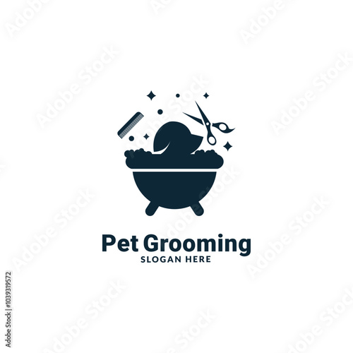 pet grooming icon, animal grooming salon, dog or cat paw, scissors with comb for groomer, flat symbol - editable stroke vector illustration