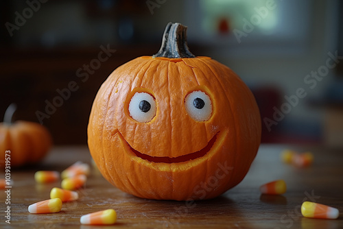 A cute, smiling jack-o'-lantern with bright eyes and a crooked smile, with candy corn scattered around.