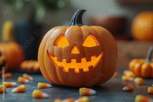A cute, smiling jack-o'-lantern with bright eyes and a crooked smile, with candy corn scattered around.