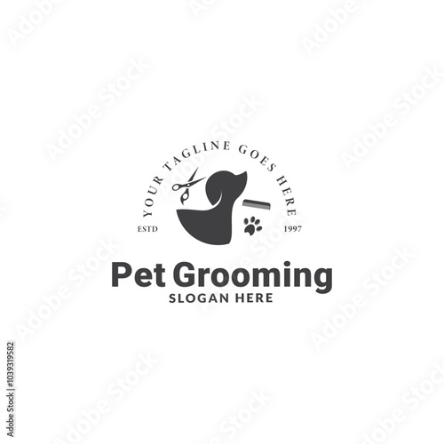 pet grooming icon, animal grooming salon, dog or cat paw, scissors with comb for groomer, flat symbol - editable stroke vector illustration