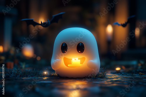 A friendly ghost holding a cartoon candle, glowing brightly in a dark room with cute bats flying overhead.