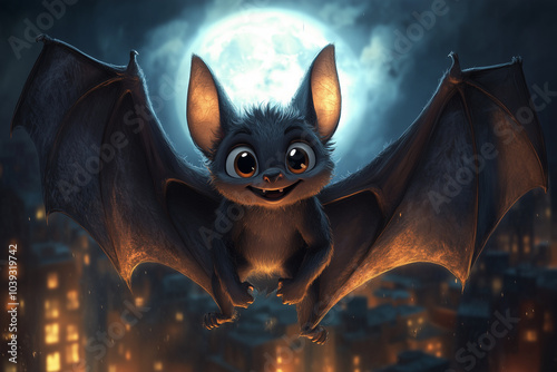 A cartoon bat with big, friendly eyes and wide wings, flying in front of a bright full moon.