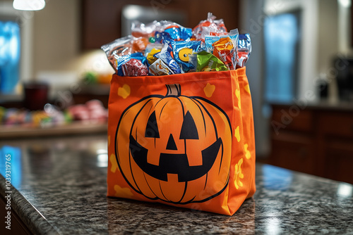 A colorful trick-or-treat bag overflowing with candy, with a smiling pumpkin design on the front.