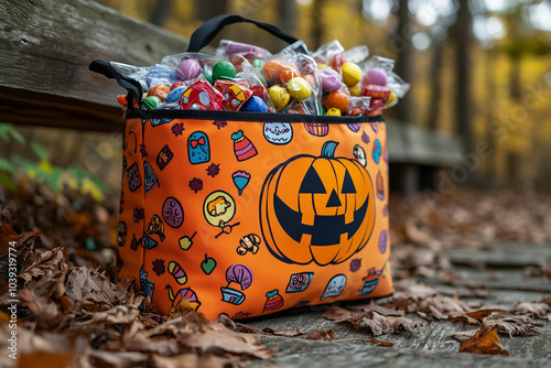 A colorful trick-or-treat bag overflowing with candy, with a smiling pumpkin design on the front.