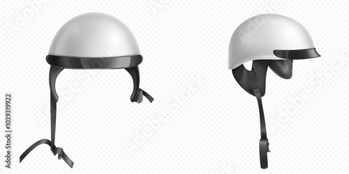3d motorcycle helmet. White motor bike hat icon. Realistic scooter safety helm illustration. Racer gp plastic accessory with black belt mockup side and front view. Blank extreme pilot headwear mock up