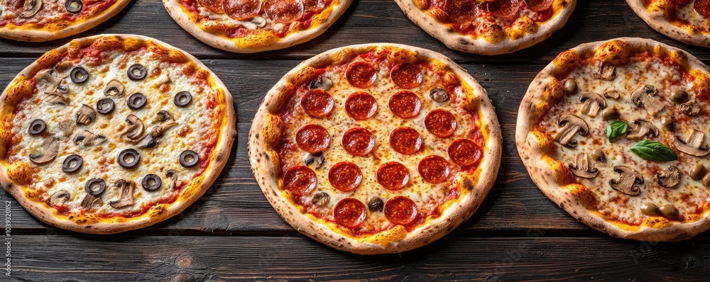 Delicious assorted pizzas displayed on a wooden table.