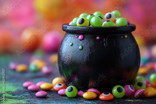 A friendly black cartoon cauldron with green bubbles popping out, surrounded by candy and cute cartoon eyeballs.