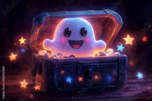 A happy cartoon ghost popping out of a spooky treasure chest, with candy and colorful stars flying out.