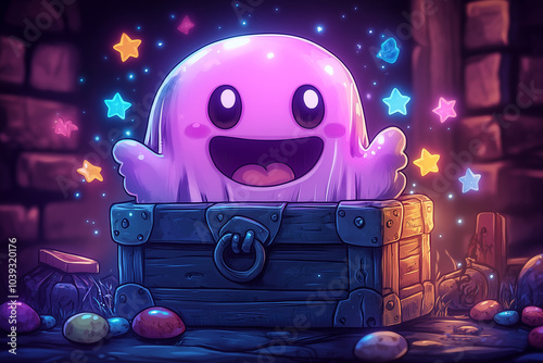 A happy cartoon ghost popping out of a spooky treasure chest, with candy and colorful stars flying out.