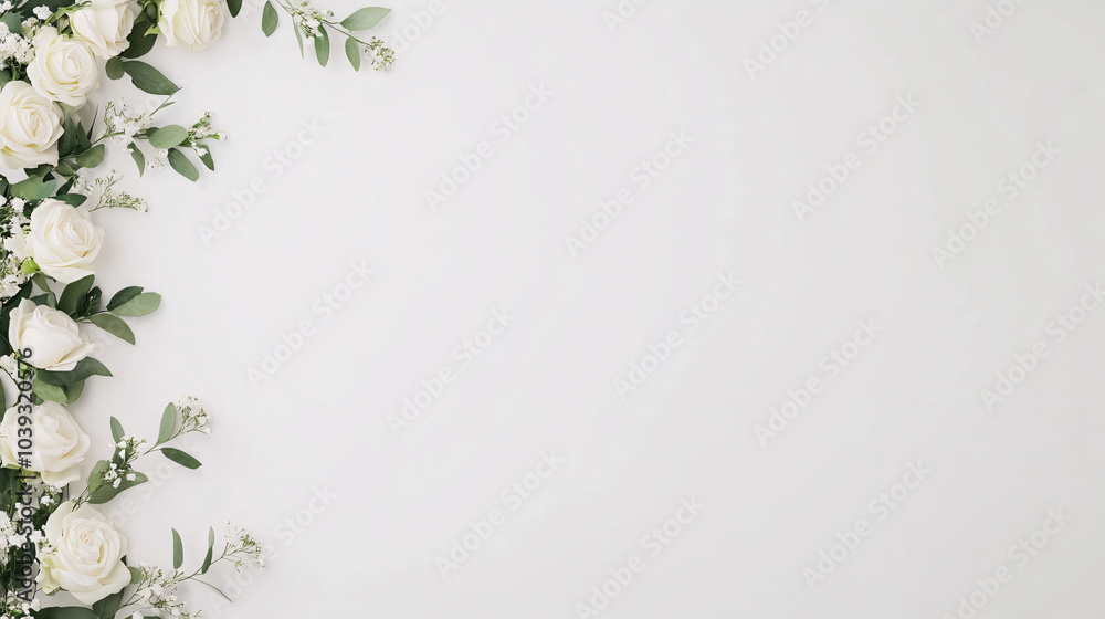 A serene blank white page with an elegant floral design gracing the upper left corner. One hundred pure white roses cascade gracefully from the top, their soft petals blending with vibrant green A serene blank white page with an elegant floral design gracing the upper left corner. One hundred pure white roses cascade gracefully from the top, their soft petals blending with vibrant green