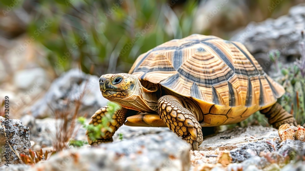 Tortoise Navigating Desert Terrain Slowly Tortoise Navigating Desert Terrain Slowly