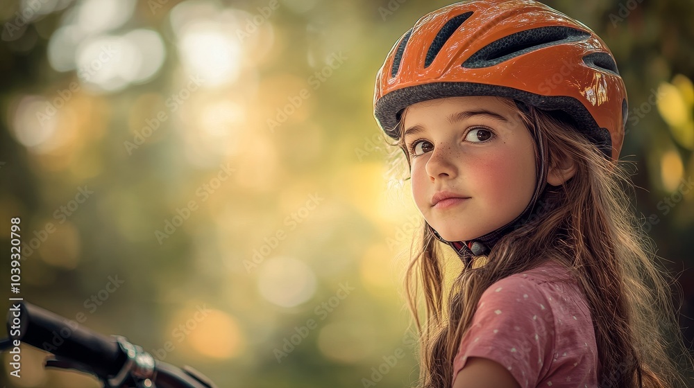 Young girl wearing an orange helmet while enjoying a bike ride in a sunny outdoor park setting during late afternoon Young girl wearing an orange helmet while enjoying a bike ride in a sunny outdoor park setting during late afternoon