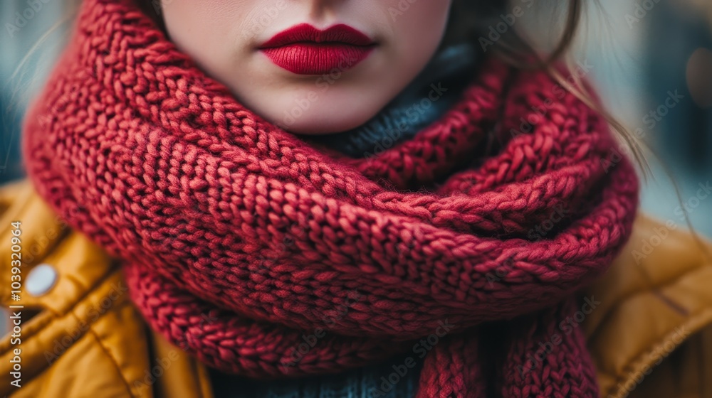 A close-up of a woman’s lips adorned with bold red lipstick, wrapped in a knitted scarf during a cool urban day A close-up of a woman’s lips adorned with bold red lipstick, wrapped in a knitted scarf during a cool urban day
