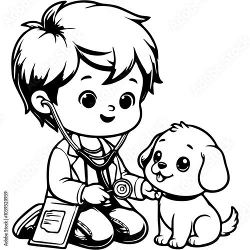 Boy in doctor coat plays veterinarian with his pet puppy in monochrome. Simple minimalistic vector in black ink drawing on transparent background