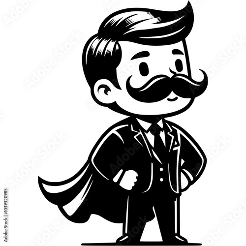 Superhero in suit and cape holds hands on hips in monochrome. Simple minimalistic vector in black ink drawing on transparent background