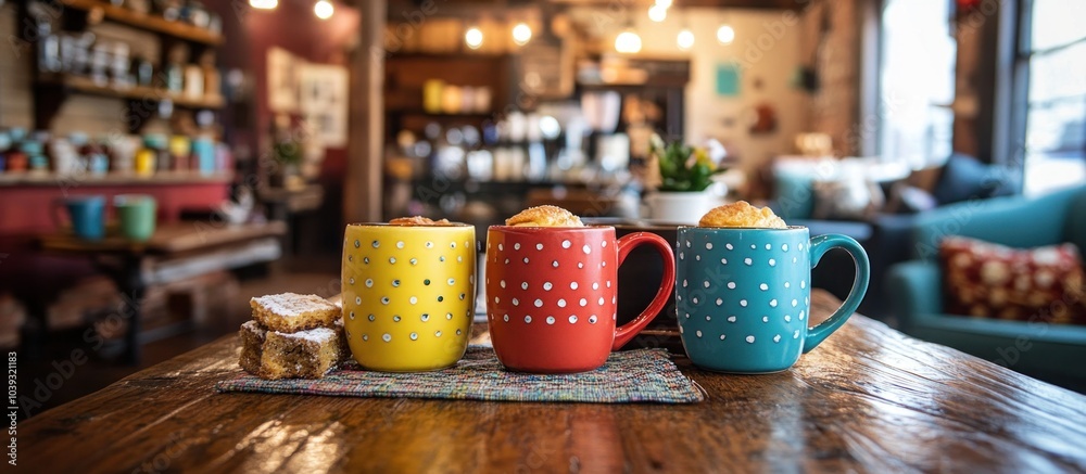 Three mugs with polka dots filled with hot chocolate on a wooden table in a cafe with pastries in the foreground. Three mugs with polka dots filled with hot chocolate on a wooden table in a cafe with pastries in the foreground.