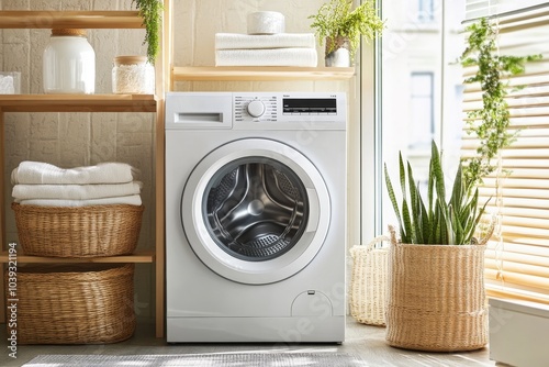 Modern laundry room featuring a front-loading washing machine with neatly stacked towels and plants in natural light