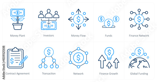 A set of 10 crowdfunding icons as money plant, investors, money flow