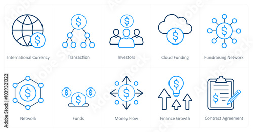 A set of 10 crowdfunding icons as international currency, transation, investors
