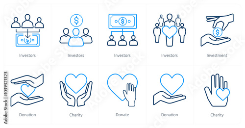 A set of 10 crowdfunding icons as investors, investment, donation