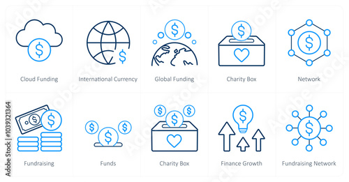 A set of 10 crowdfunding icons as cloud funding, international currency, global funding