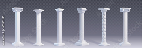 3d ancient column. White marble stone roman pillar. Greece palace building architecture element set. Spiral colonnade sculpture mockup. Realistic classical carved obelisk monument for facade