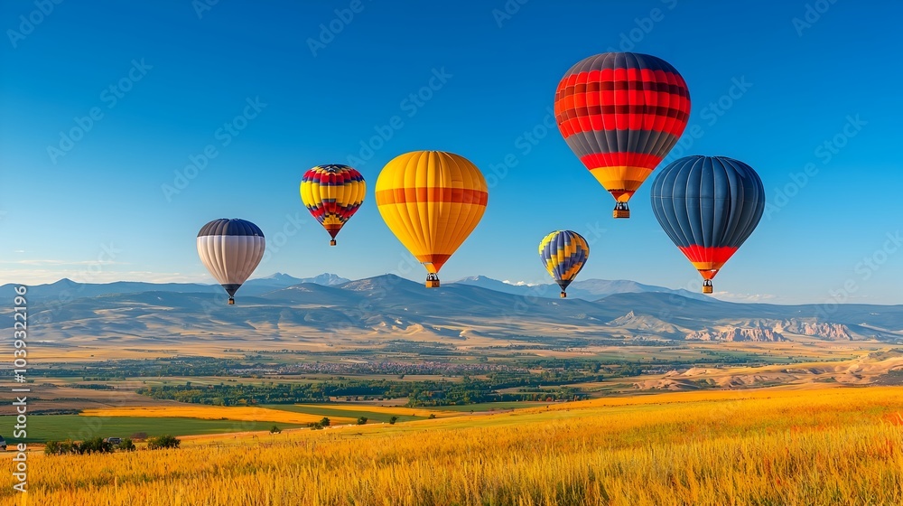 Naklejka premium Vibrant and Captivating Aerial Spectacle of Layered Hot Air Balloons Drifting Gracefully in the Clear Serene Sky During an Enchanting Outdoor Festival