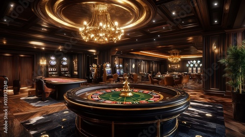 Elegant casino interior featuring a roulette table and gaming area at night