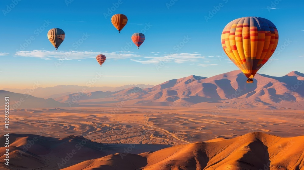 Hot Air Balloons Soaring Over Desert Landscape Hot Air Balloons Soaring Over Desert Landscape