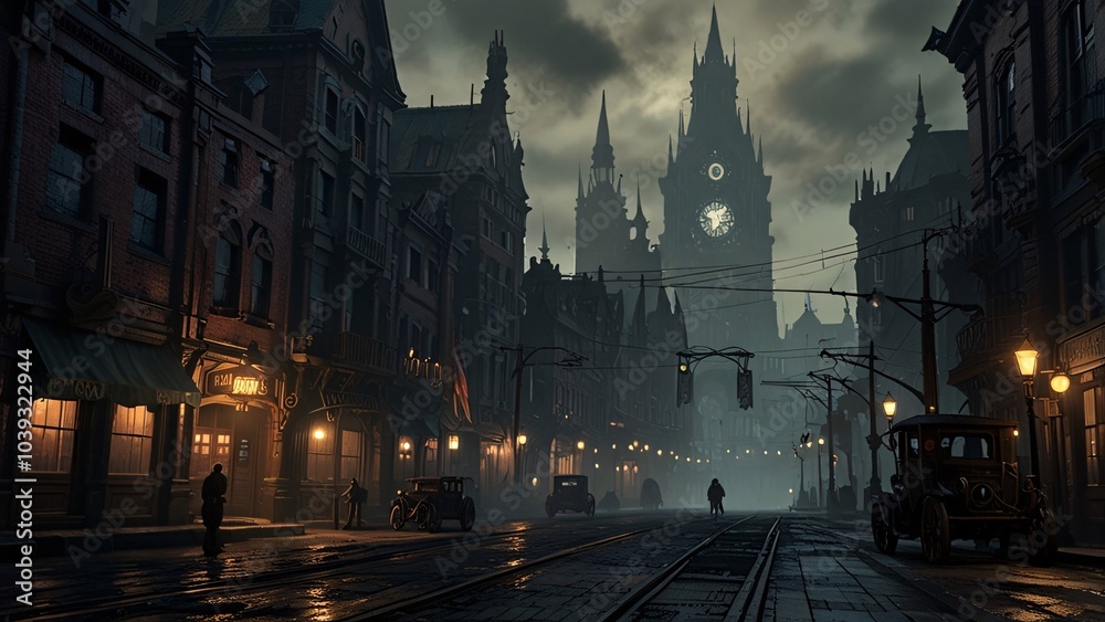 Fototapeta premium the dark and gritty streets of a steampunk metropolis, where towering clockwork buildings cast long shadows and the air is thick with the scent of coal and oil.