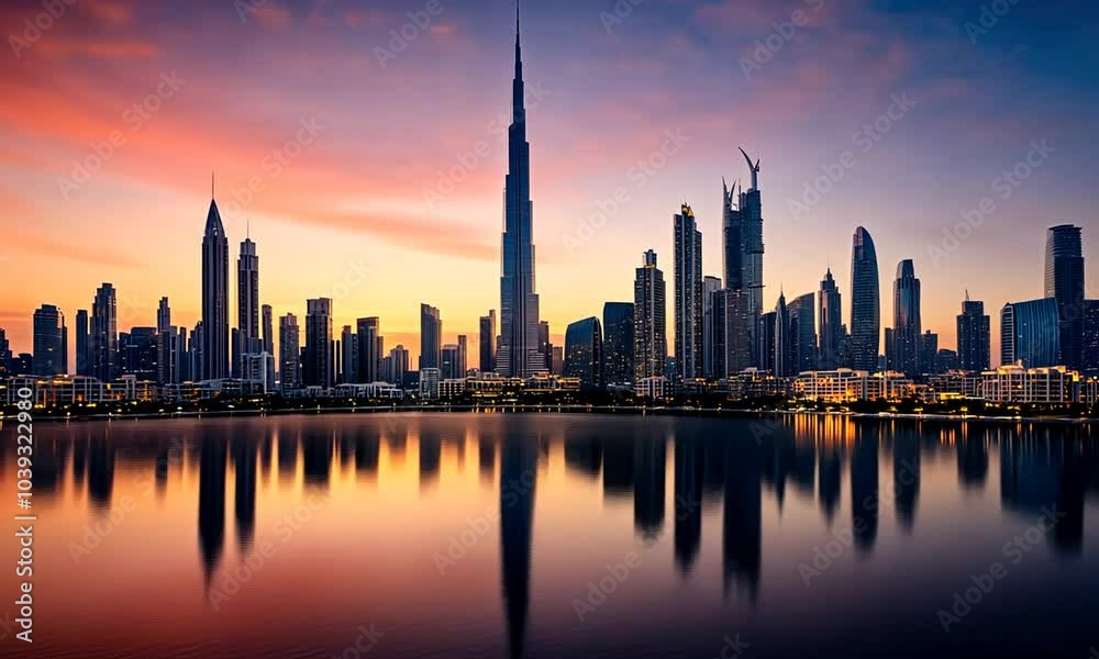 Sunset over a modern skyline reflecting in water. Sunset over a modern skyline reflecting in water.