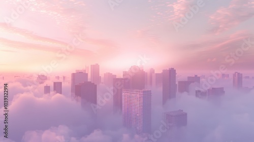 Foggy Morning Cityscape with Skyscrapers