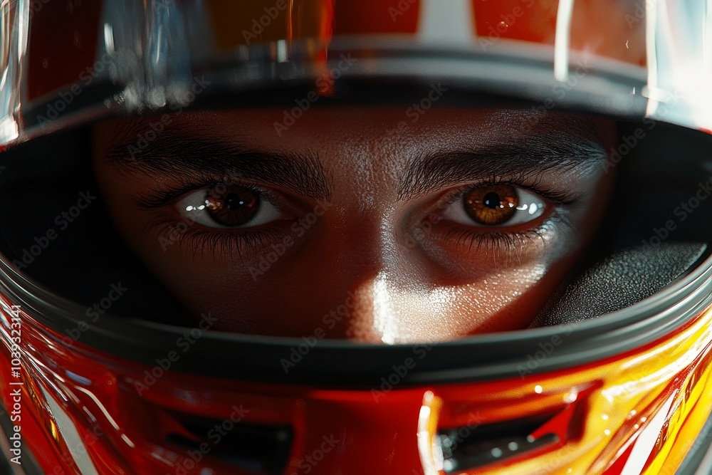 Close-up of a race car driver in a vibrant helmet preparing for competition Close-up of a race car driver in a vibrant helmet preparing for competition