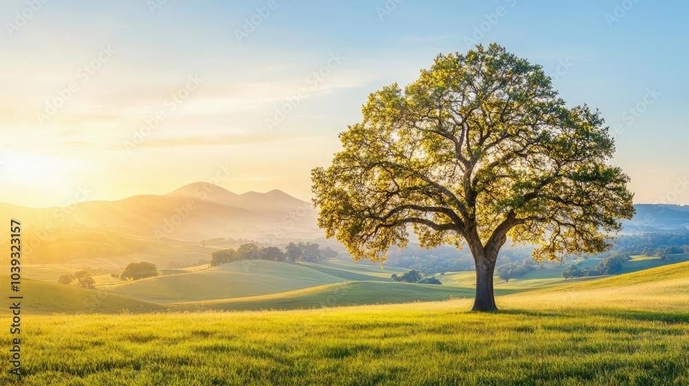 Lone tree in a green field with mountains and sunlight at dawn. Lone tree in a green field with mountains and sunlight at dawn.