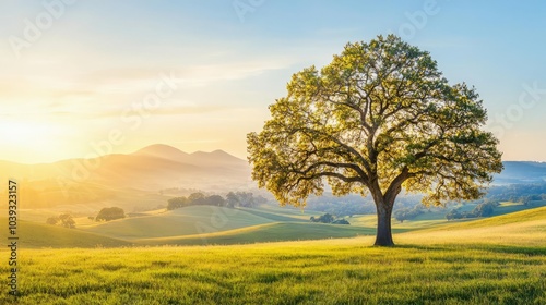 Lone tree in a green field with mountains and sunlight at dawn.