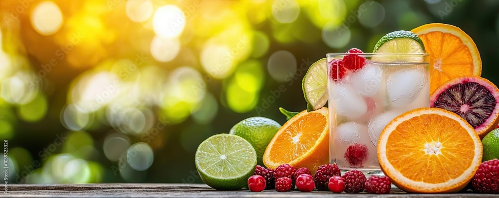 Fresh fruits with ice cubes on a wooden surface, summer drink backdrop. Fresh fruits with ice cubes on a wooden surface, summer drink backdrop.