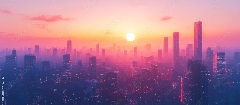 A beautiful city skyline at sunset with the sun shining over the cityscape. A beautiful city skyline at sunset with the sun shining over the cityscape.
