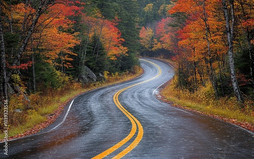 Winding road through autumn foliage on a rainy day.