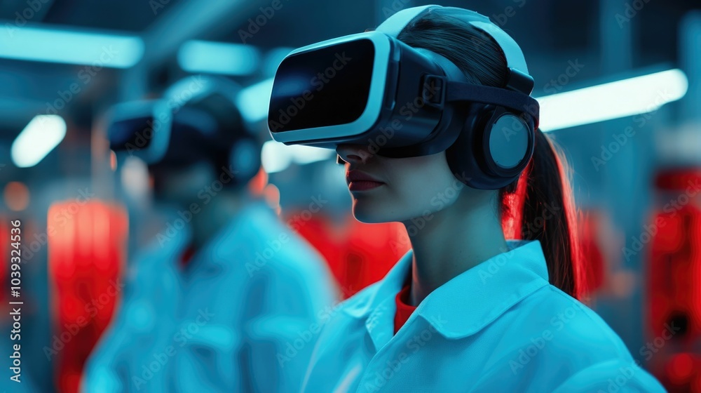 Engineers wearing virtual reality headsets working in a futuristic high tech manufacturing facility using VR technology to visualize and analyze production processes data analytics Engineers wearing virtual reality headsets working in a futuristic high tech manufacturing facility using VR technology to visualize and analyze production processes data analytics