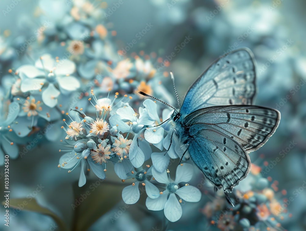 Blue Butterfly on Delicate Blue Flowers Blue Butterfly on Delicate Blue Flowers